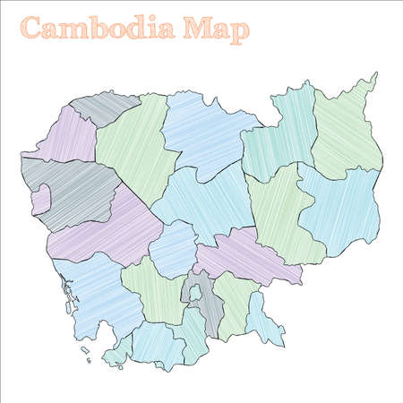 Cambodia hand-drawn map. Colourful sketchy country outline. Original Cambodia map with provinces. Vector illustration.のイラスト素材