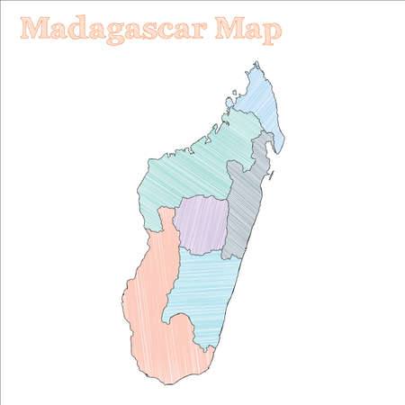 Madagascar hand-drawn map. Colourful sketchy country outline. Ravishing Madagascar map with provinces. Vector illustration.のイラスト素材