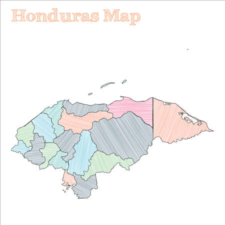 Honduras hand-drawn map. Colourful sketchy country outline. Indelible Honduras map with provinces. Vector illustration.のイラスト素材