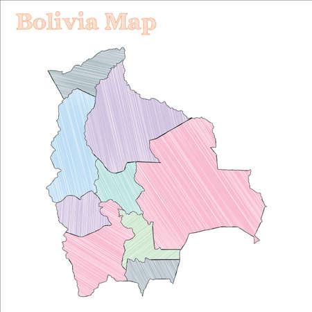 Bolivia hand-drawn map. Colourful sketchy country outline. Charming Bolivia map with provinces. Vector illustration.のイラスト素材