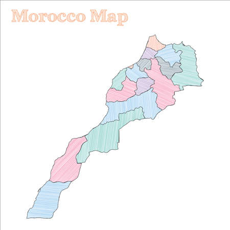 Morocco hand-drawn map. Colourful sketchy country outline. Radiant Morocco map with provinces. Vector illustration.のイラスト素材