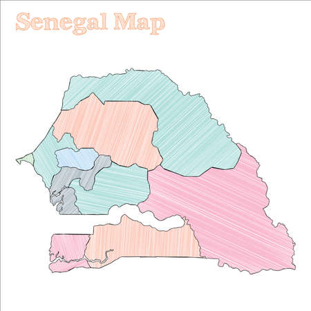 Senegal hand-drawn map. Colourful sketchy country outline. Bewitching Senegal map with provinces. Vector illustration.のイラスト素材