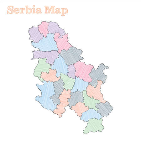 Serbia hand-drawn map. Colourful sketchy country outline. Charming Serbia map with provinces. Vector illustration.のイラスト素材