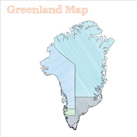 Greenland hand-drawn map. Colourful sketchy country outline. Immaculate Greenland map with provinces. Vector illustration.のイラスト素材