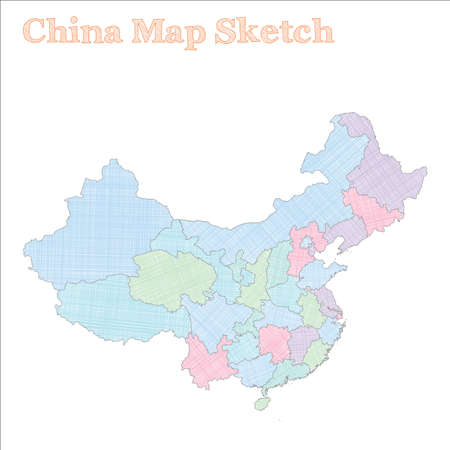 China map. Hand-drawn country. Decent sketchy China map with regions. Vector illustration.のイラスト素材