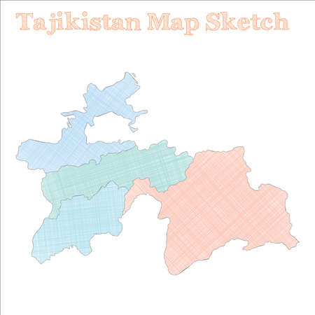 Tajikistan map. Hand-drawn country. Delightful sketchy Tajikistan map with regions. Vector illustration.のイラスト素材