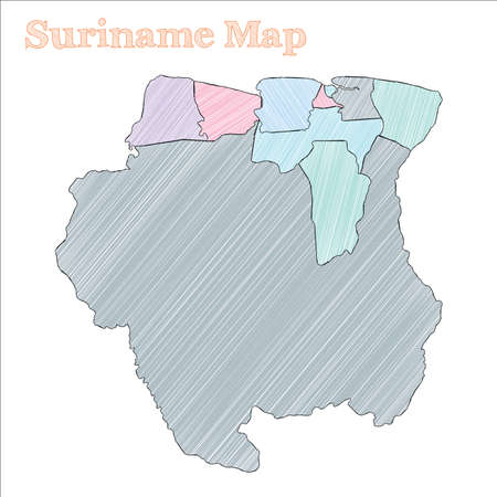 Suriname hand-drawn map. Colourful sketchy country outline. Classy Suriname map with provinces. Vector illustration.のイラスト素材
