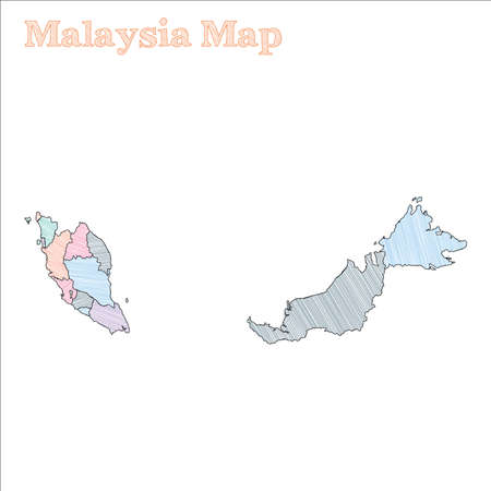 Malaysia hand-drawn map. Colourful sketchy country outline. Surprising Malaysia map with provinces. Vector illustration.のイラスト素材