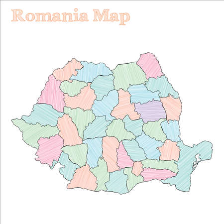 Romania hand-drawn map. Colourful sketchy country outline. Astonishing Romania map with provinces. Vector illustration.のイラスト素材