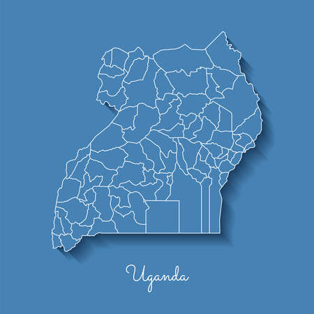 Uganda region map: blue with white outline and shadow on blue background. Detailed map of Uganda regions. Vector illustration.のイラスト素材