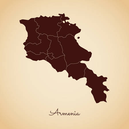Armenia region map: retro style brown outline on old paper background. Detailed map of Armenia regions. Vector illustration.のイラスト素材
