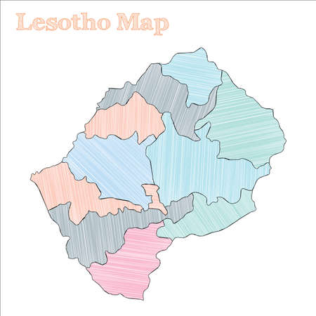 Lesotho hand-drawn map. Colourful sketchy country outline. Powerful Lesotho map with provinces. Vector illustration.のイラスト素材