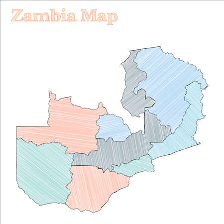 Zambia hand-drawn map. Colourful sketchy country outline. Fantastic Zambia map with provinces. Vector illustration.のイラスト素材