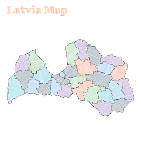 Latvia hand-drawn map. Colourful sketchy country outline. Quaint Latvia map with provinces. Vector illustration.のイラスト素材