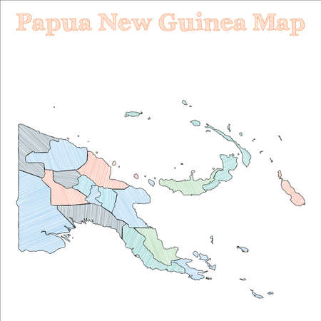 Papua New Guinea hand-drawn map. Colourful sketchy country outline. Admirable Papua New Guinea map with provinces. Vector illustration.のイラスト素材