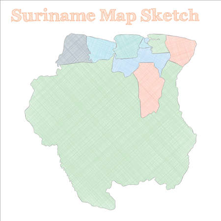 Suriname map. Hand-drawn country. Classy sketchy Suriname map with regions. Vector illustration.のイラスト素材