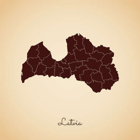 Latvia region map: retro style brown outline on old paper background. Detailed map of Latvia regions. Vector illustration.のイラスト素材