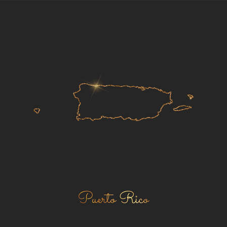 Puerto Rico region map: golden glitter outline with sparkling stars on dark background. Detailed map of Puerto Rico regions. Vector illustration.のイラスト素材