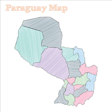 Paraguay hand-drawn map. Colourful sketchy country outline. Amusing Paraguay map with provinces. Vector illustration.のイラスト素材