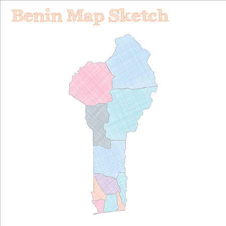 Benin map. Hand-drawn country. Beauteous sketchy Benin map with regions. Vector illustration.のイラスト素材