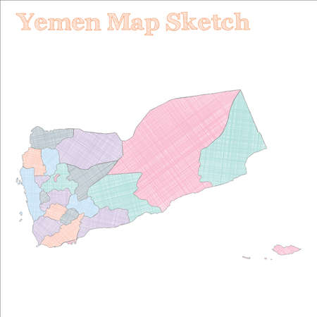 Yemen map. Hand-drawn country. Fair sketchy Yemen map with regions. Vector illustration.のイラスト素材