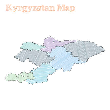 Kyrgyzstan hand-drawn map. Colourful sketchy country outline. Optimal Kyrgyzstan map with provinces. Vector illustration.のイラスト素材