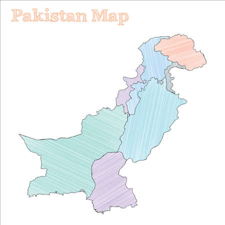 Pakistan hand-drawn map. Colourful sketchy country outline. Wonderful Pakistan map with provinces. Vector illustration.のイラスト素材
