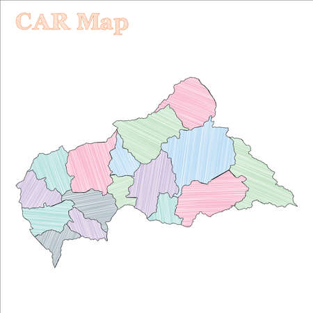 CAR hand-drawn map. Colourful sketchy country outline. Creative CAR map with provinces. Vector illustration.のイラスト素材