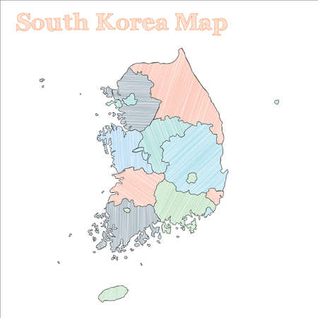 South Korea hand-drawn map. Colourful sketchy country outline. Outstanding South Korea map with provinces. Vector illustration.のイラスト素材