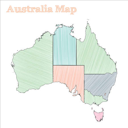Australia hand-drawn map. Colourful sketchy country outline. Artistic Australia map with provinces. Vector illustration.のイラスト素材