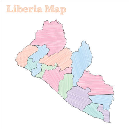 Liberia hand-drawn map. Colourful sketchy country outline. Popular Liberia map with provinces. Vector illustration.のイラスト素材