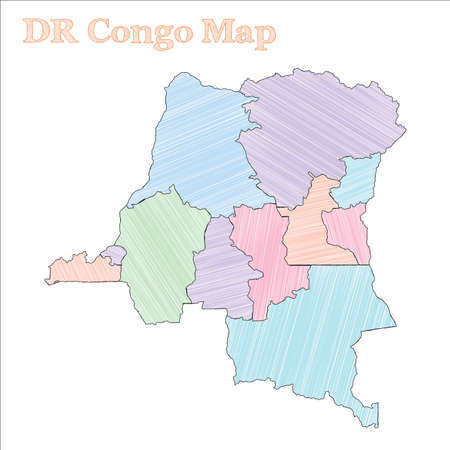 DR Congo hand-drawn map. Colourful sketchy country outline. Divine DR Congo map with provinces. Vector illustration.のイラスト素材