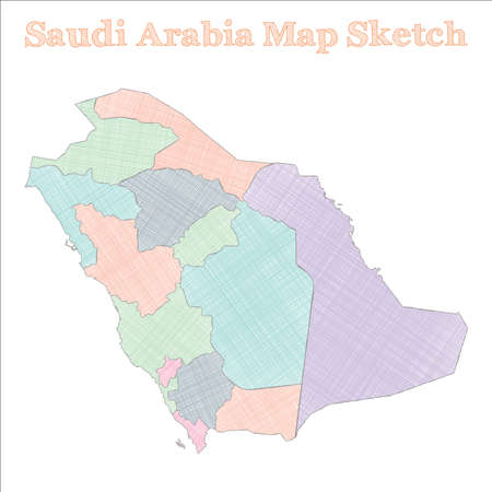 Saudi Arabia map. Hand-drawn country. Beauteous sketchy Saudi Arabia map with regions. Vector illustration.のイラスト素材