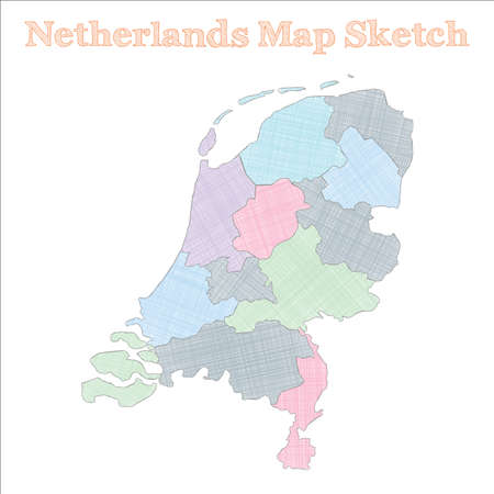 Netherlands map. Hand-drawn country. Unequaled sketchy Netherlands map with regions. Vector illustration.のイラスト素材