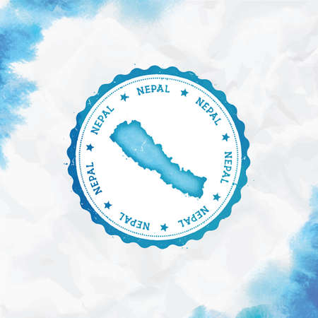 Nepal watercolor round rubber stamp with country map. Turquoise Nepal passport stamp with circular text and stars, vector illustration.のイラスト素材