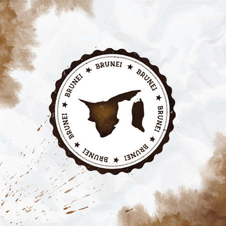 Brunei Darussalam watercolor round rubber stamp with country map. Sepia Brunei Darussalam passport stamp with circular text and stars, vector illustration.のイラスト素材