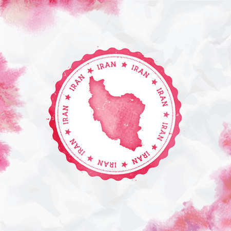 Iran, Islamic Republic Of watercolor round rubber stamp with country map. Red Iran, Islamic Republic Of passport stamp with circular text and stars, vector illustration.のイラスト素材