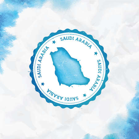 Saudi Arabia watercolor round rubber stamp with country map. Turquoise Saudi Arabia passport stamp with circular text and stars, vector illustration.のイラスト素材