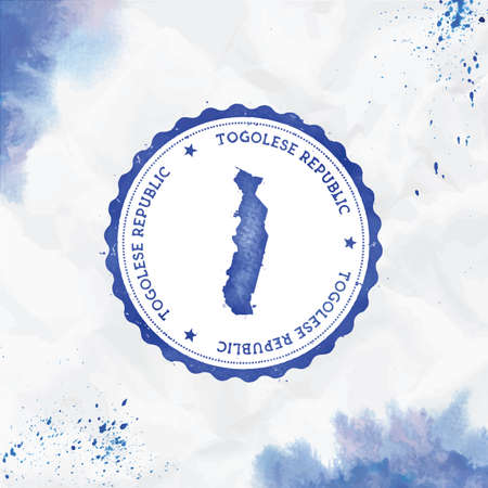 Togo watercolor round rubber stamp with country map. Blue Togo passport stamp with circular text and stars, vector illustration.のイラスト素材