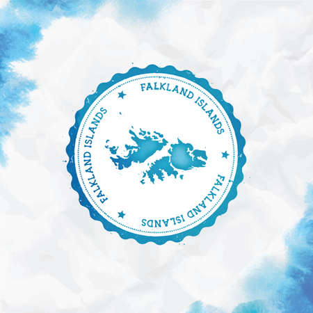 Falkland Islands (Malvinas) watercolor round rubber stamp with country map. Turquoise Falkland Islands (Malvinas) passport stamp with circular text and stars, vector illustration.のイラスト素材