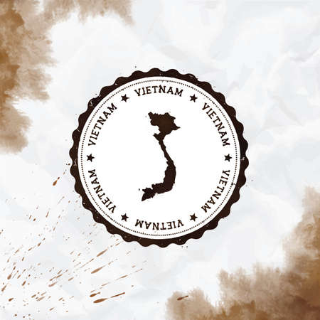 Vietnam watercolor round rubber stamp with country map. Sepia Vietnam passport stamp with circular text and stars, vector illustration.のイラスト素材