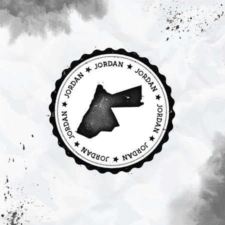Jordan watercolor round rubber stamp with country map. Black Jordan passport stamp with circular text and stars, vector illustration.のイラスト素材