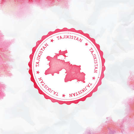 Tajikistan watercolor round rubber stamp with country map. Red Tajikistan passport stamp with circular text and stars, vector illustration.のイラスト素材