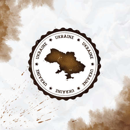 Ukraine watercolor round rubber stamp with country map. Sepia Ukraine passport stamp with circular text and stars, vector illustration.のイラスト素材