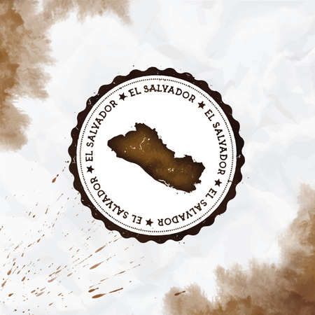 El Salvador watercolor round rubber stamp with country map. Sepia El Salvador passport stamp with circular text and stars, vector illustration.のイラスト素材