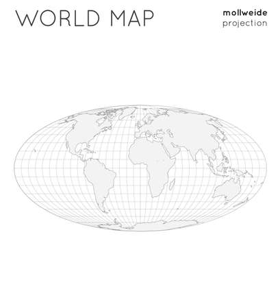 World map. Globe in mollweide projection, with graticule lines style. Outline vector illustration.のイラスト素材