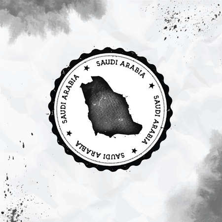 Saudi Arabia watercolor round rubber stamp with country map. Black Saudi Arabia passport stamp with circular text and stars, vector illustration.のイラスト素材