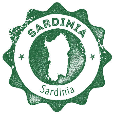 Sardinia map vintage stamp. Retro style handmade label, badge or element for travel souvenirs. Dark green rubber stamp with island map silhouette. Vector illustration.のイラスト素材