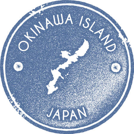 Okinawa Island map vintage stamp. Retro style handmade label, badge or element for travel souvenirs. Light blue rubber stamp with island map silhouette. Vector illustration.のイラスト素材