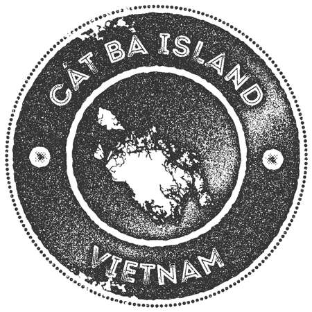 Cat Ba Island map vintage stamp. Retro style handmade label, badge or element for travel souvenirs. Dark grey rubber stamp with island map silhouette. Vector illustration.のイラスト素材